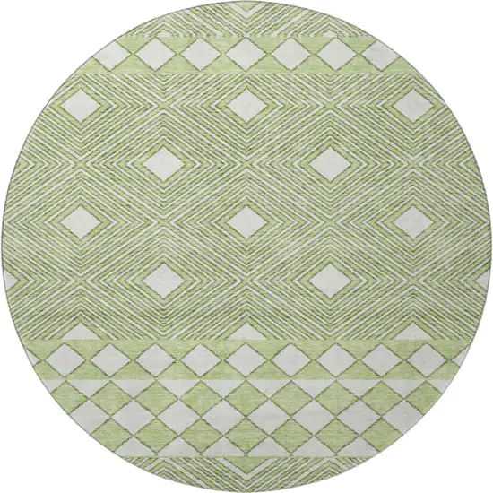 8' Artichoke Green And Ivory Geometric Washable Round Rug With UV Protection Photo 4