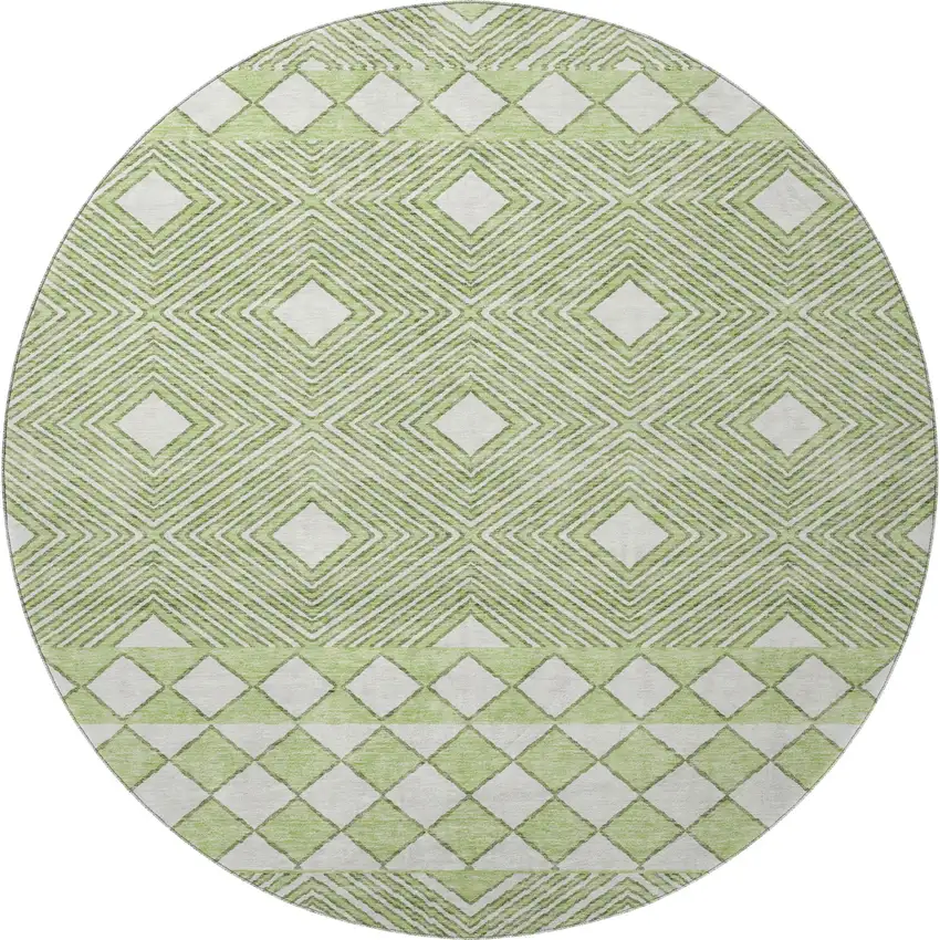 8' Artichoke Green And Ivory Geometric Washable Round Rug With UV Protection Photo 4