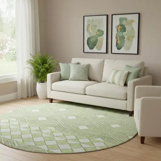 8' Artichoke Green And Ivory Geometric Washable Round Rug With UV Protection Photo 1