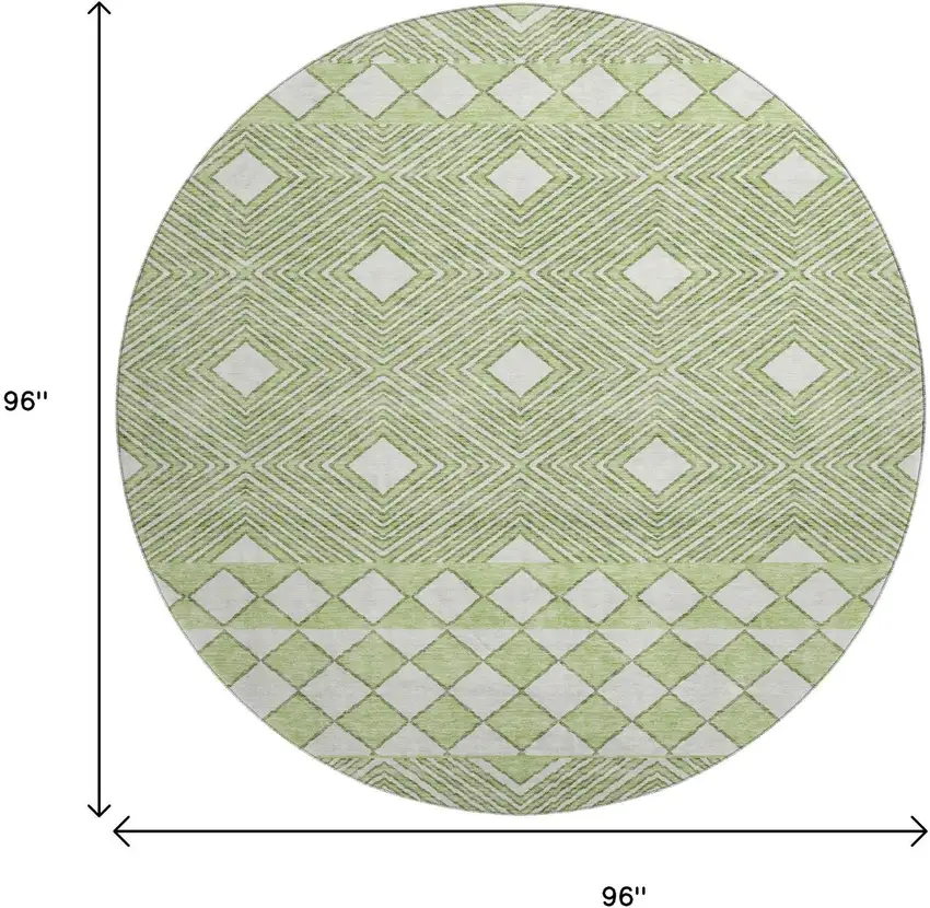 8' Artichoke Green And Ivory Geometric Washable Round Rug With UV Protection Photo 8