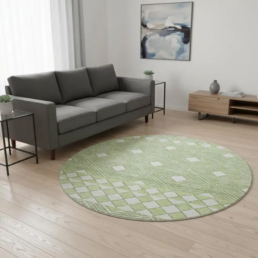 8' Artichoke Green And Ivory Geometric Washable Round Rug With UV Protection Photo 2