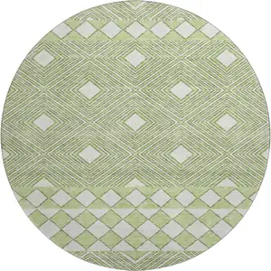 Photo of 8' Artichoke Green And Ivory Geometric Washable Round Rug With UV Protection