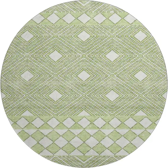 8' Artichoke Green And Ivory Geometric Washable Round Rug With UV Protection Photo 1