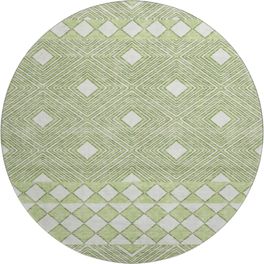 8' Artichoke Green And Ivory Geometric Washable Round Rug With UV Protection Photo 1