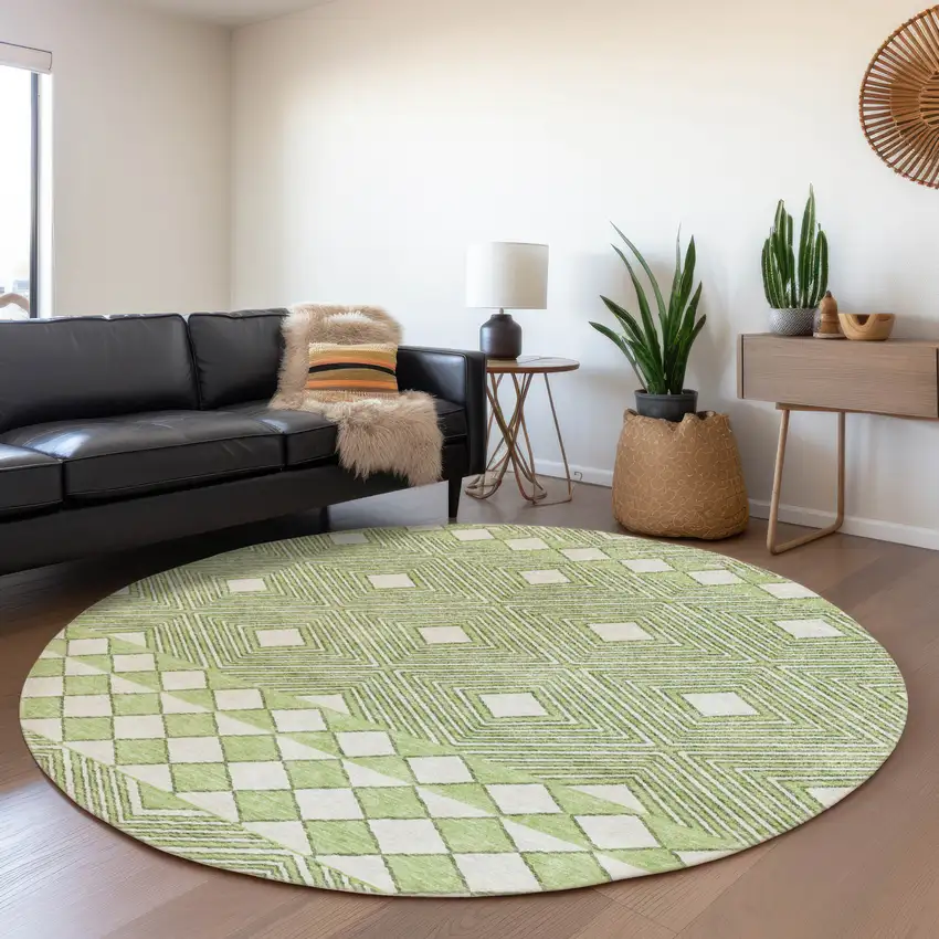 8' Artichoke Green And Ivory Geometric Washable Round Rug With UV Protection Photo 5