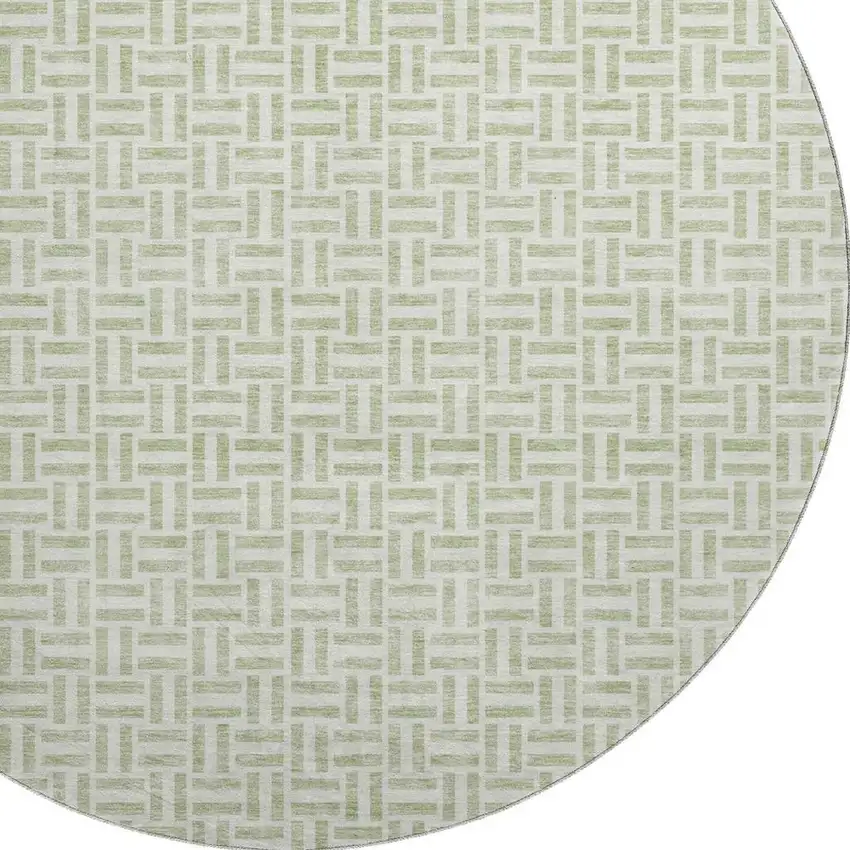 8' Artichoke Green And Ivory Geometric Washable Round Rug With UV Protection Photo 3