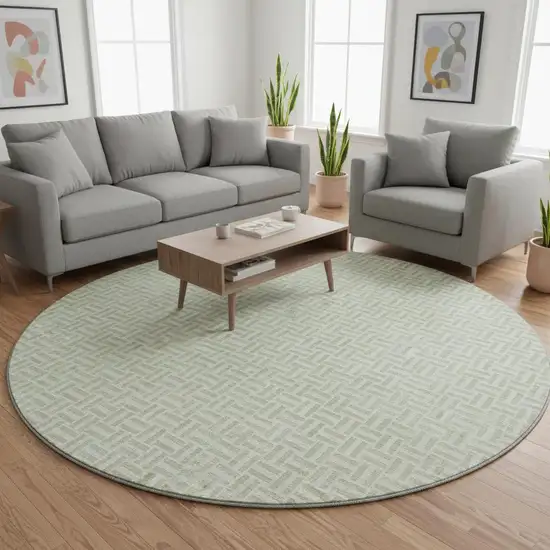 8' Artichoke Green And Ivory Geometric Washable Round Rug With UV Protection Photo 2