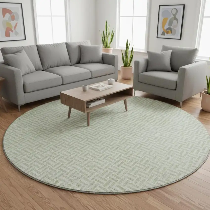 8' Artichoke Green And Ivory Geometric Washable Round Rug With UV Protection Photo 2