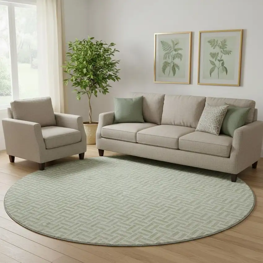 8' Artichoke Green And Ivory Geometric Washable Round Rug With UV Protection Photo 1