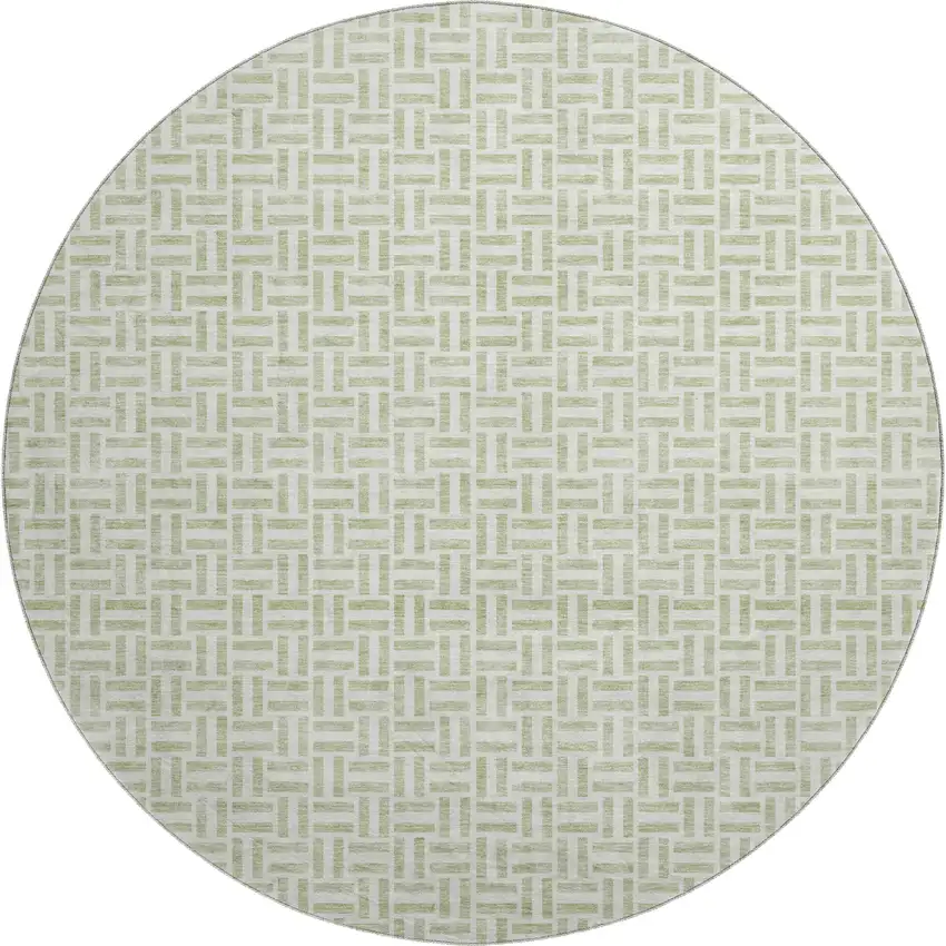 8' Artichoke Green And Ivory Geometric Washable Round Rug With UV Protection Photo 1