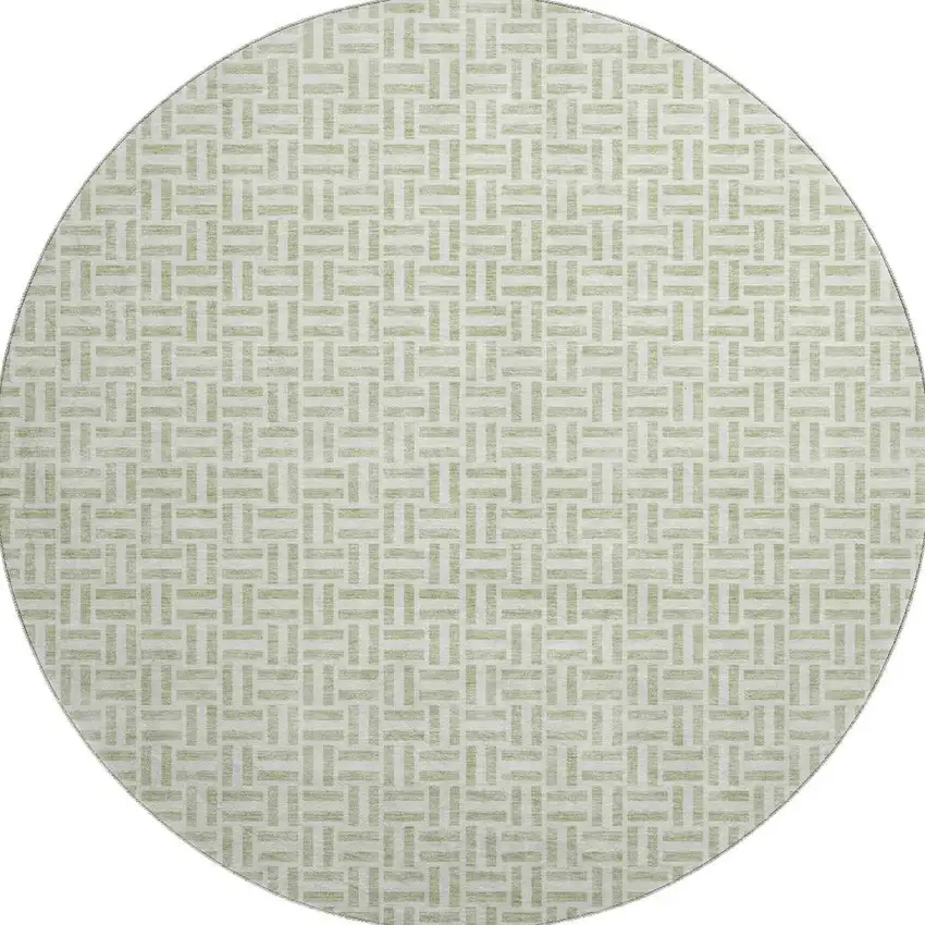 8' Artichoke Green And Ivory Geometric Washable Round Rug With UV Protection Photo 4