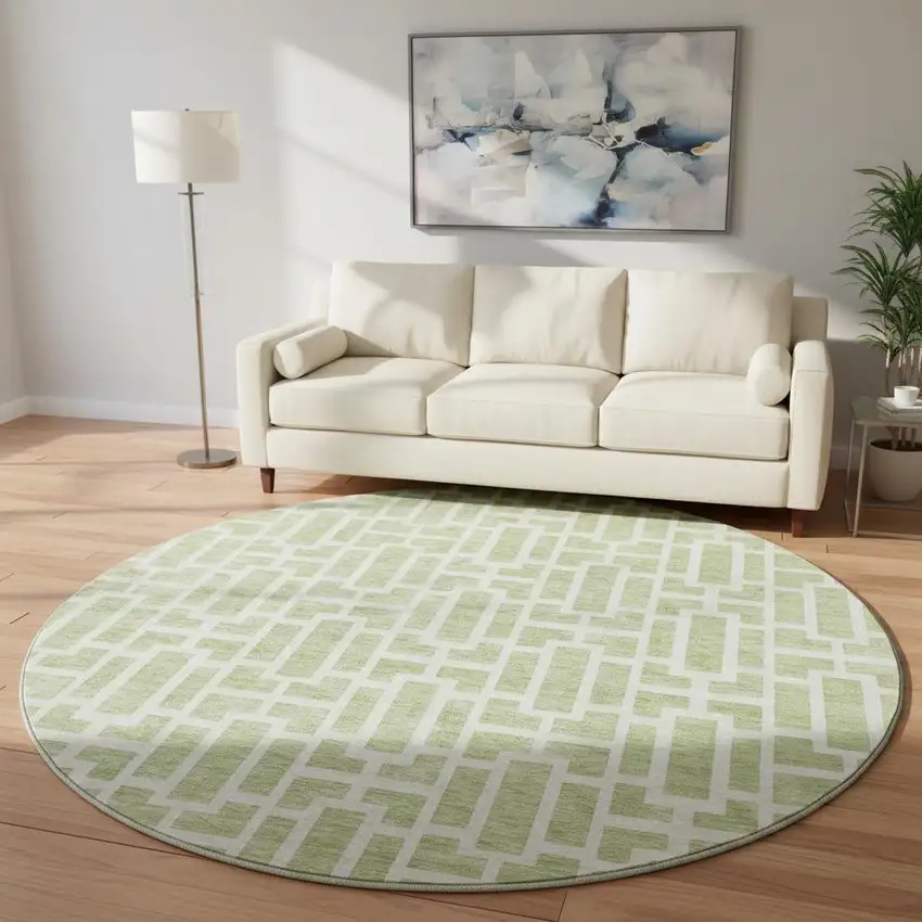 8' Artichoke Green And Ivory Geometric Washable Round Rug With UV Protection Photo 2