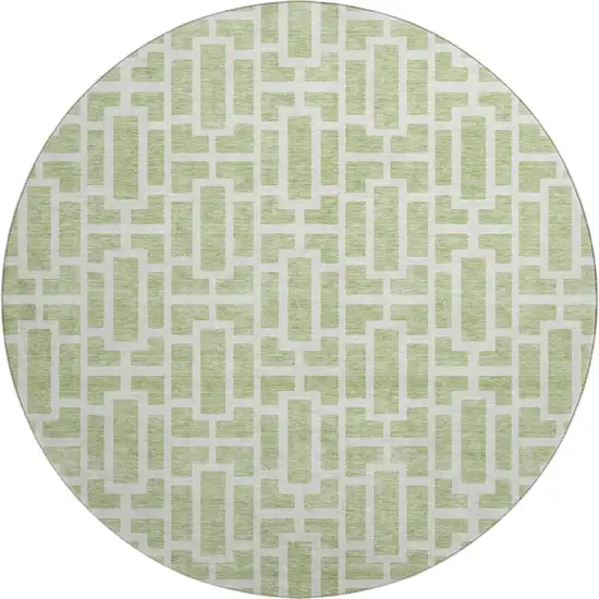 8' Artichoke Green And Ivory Geometric Washable Round Rug With UV Protection Photo 1