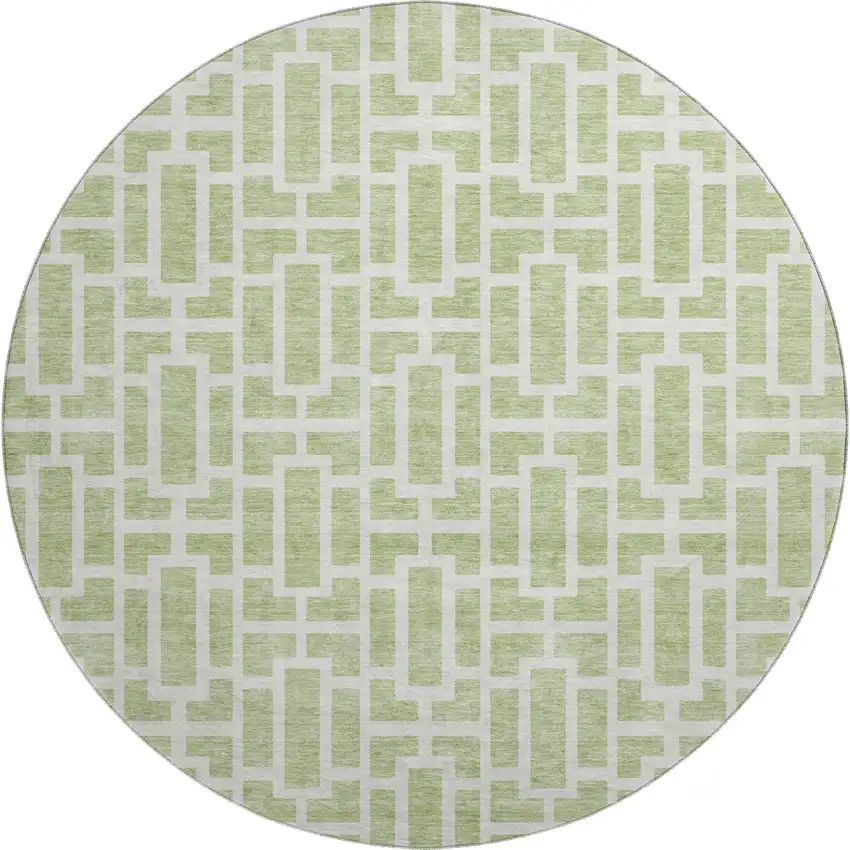 8' Artichoke Green And Ivory Geometric Washable Round Rug With UV Protection Photo 1