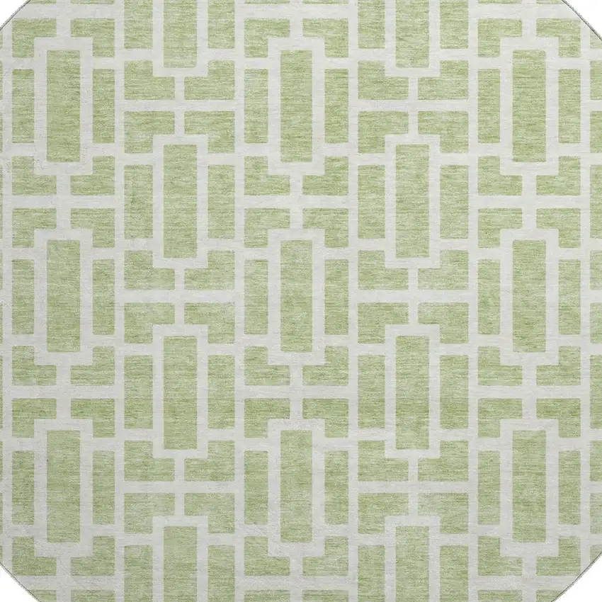 8' Artichoke Green And Ivory Geometric Washable Round Rug With UV Protection Photo 3