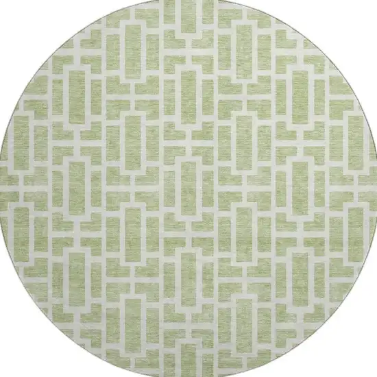 8' Artichoke Green And Ivory Geometric Washable Round Rug With UV Protection Photo 4