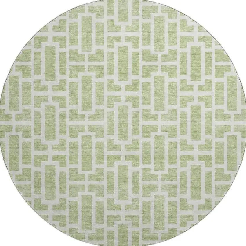 8' Artichoke Green And Ivory Geometric Washable Round Rug With UV Protection Photo 4