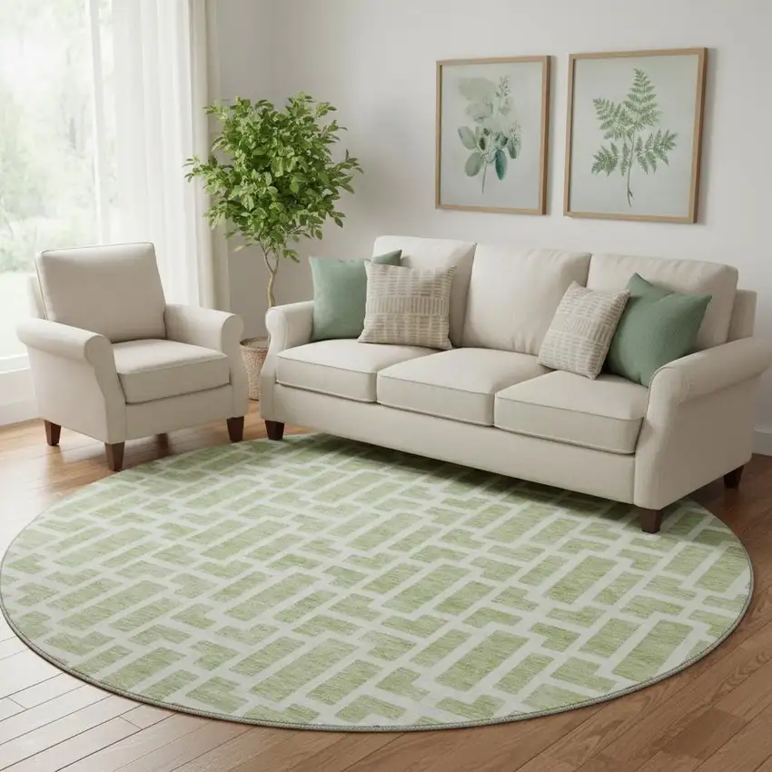 8' Artichoke Green And Ivory Geometric Washable Round Rug With UV Protection Photo 1