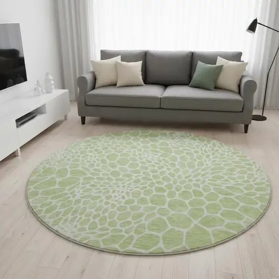 8' Artichoke Green And Ivory Geometric Washable Round Rug With UV Protection Photo 2