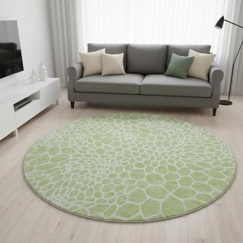 8' Artichoke Green And Ivory Geometric Washable Round Rug With UV Protection Photo 2