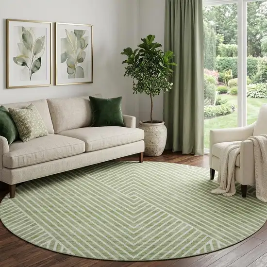 8' Artichoke Green And Ivory Geometric Washable Round Rug With UV Protection Photo 1
