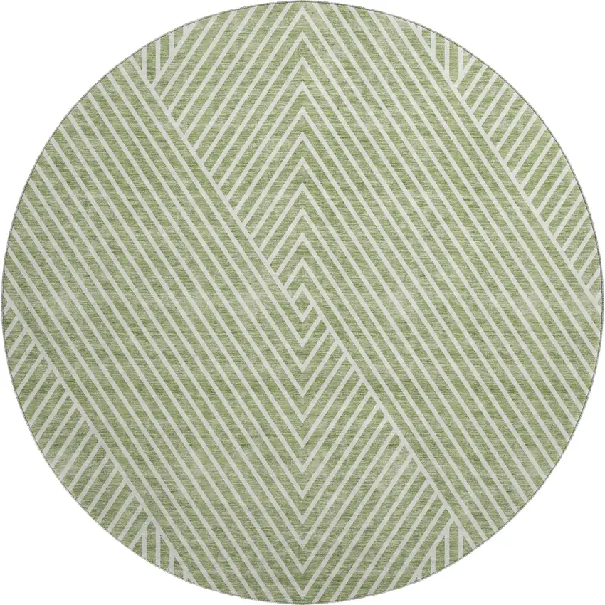 8' Artichoke Green And Ivory Geometric Washable Round Rug With UV Protection Photo 1