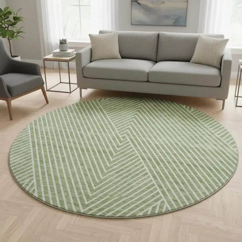 8' Artichoke Green And Ivory Geometric Washable Round Rug With UV Protection Photo 2