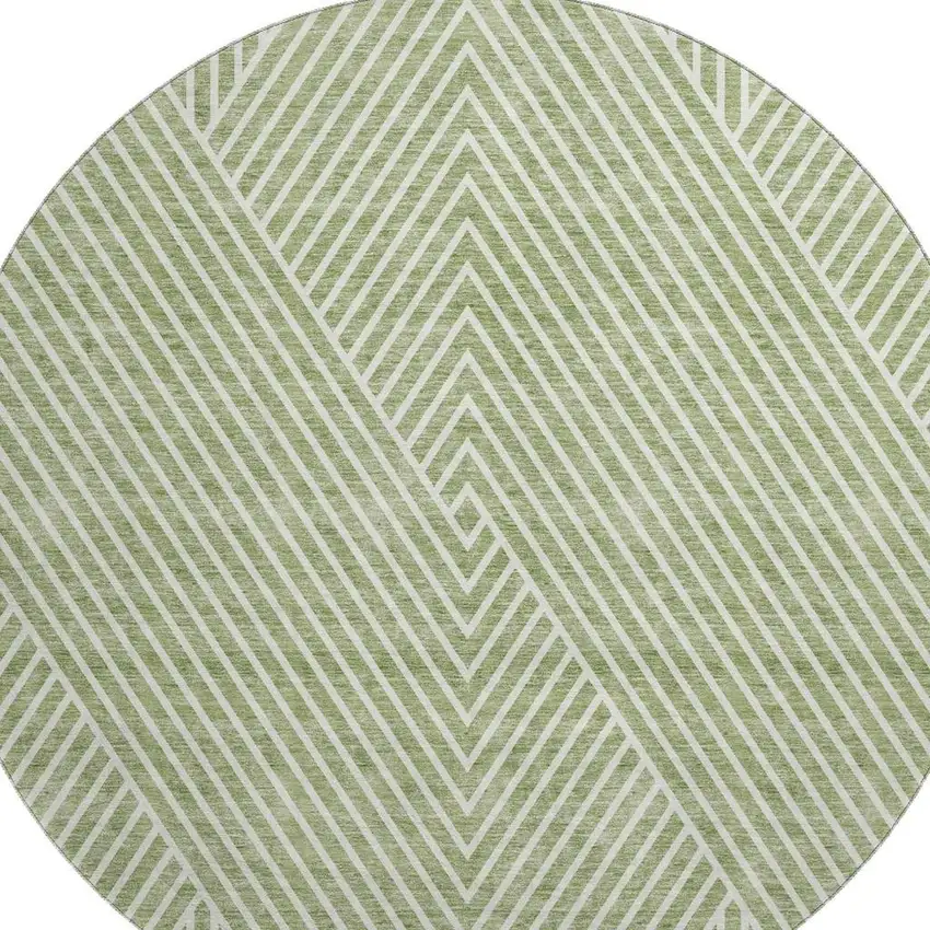 8' Artichoke Green And Ivory Geometric Washable Round Rug With UV Protection Photo 3