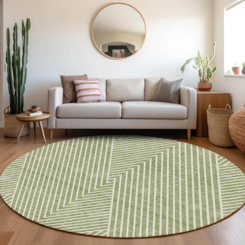 8' Artichoke Green And Ivory Geometric Washable Round Rug With UV Protection Photo 4