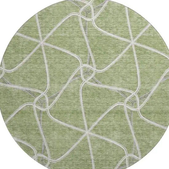 8' Artichoke Green And Ivory Geometric Washable Round Rug With UV Protection Photo 3