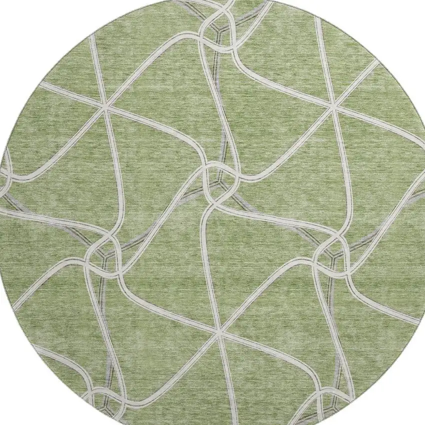 8' Artichoke Green And Ivory Geometric Washable Round Rug With UV Protection Photo 3