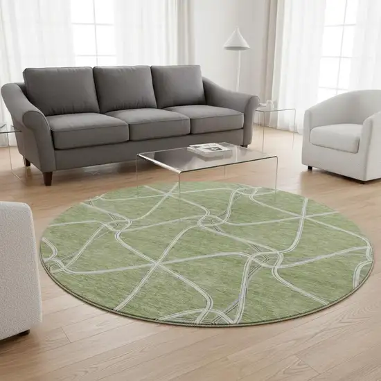 8' Artichoke Green And Ivory Geometric Washable Round Rug With UV Protection Photo 2