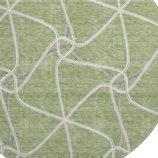8' Artichoke Green And Ivory Geometric Washable Round Rug With UV Protection Photo 2