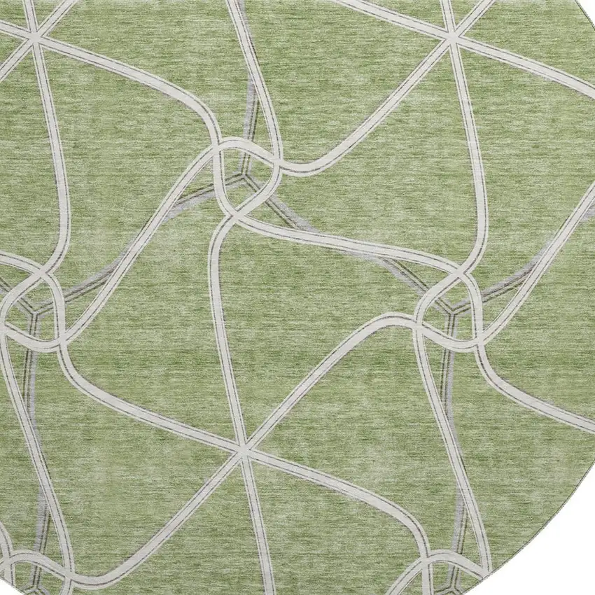 8' Artichoke Green And Ivory Geometric Washable Round Rug With UV Protection Photo 2