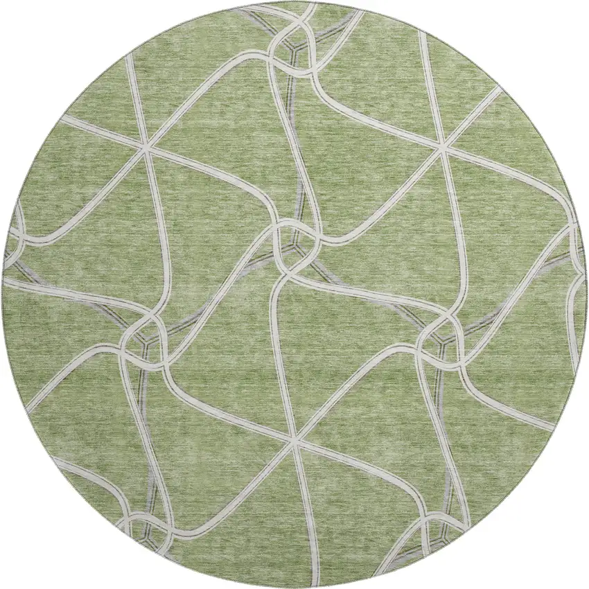 8' Artichoke Green And Ivory Geometric Washable Round Rug With UV Protection Photo 1