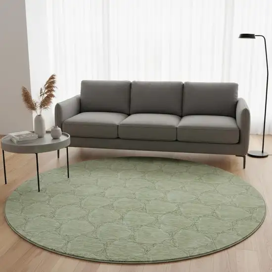 8' Artichoke Green And Ivory Geometric Washable Round Rug With UV Protection Photo 2