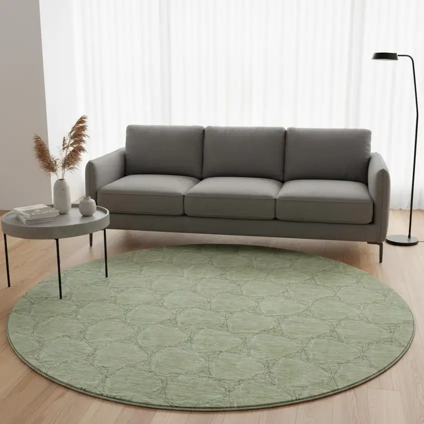 8' Artichoke Green And Ivory Geometric Washable Round Rug With UV Protection Photo 2