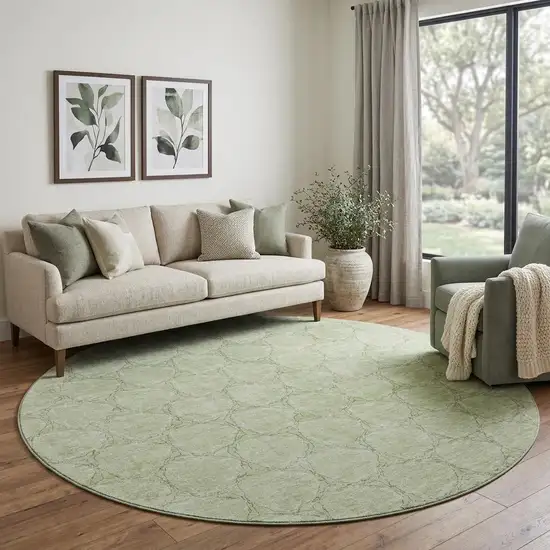 8' Artichoke Green And Ivory Geometric Washable Round Rug With UV Protection Photo 1