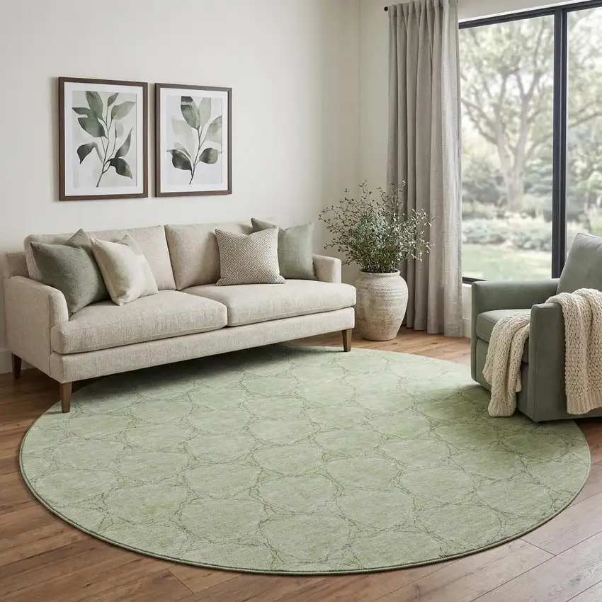 8' Artichoke Green And Ivory Geometric Washable Round Rug With UV Protection Photo 1