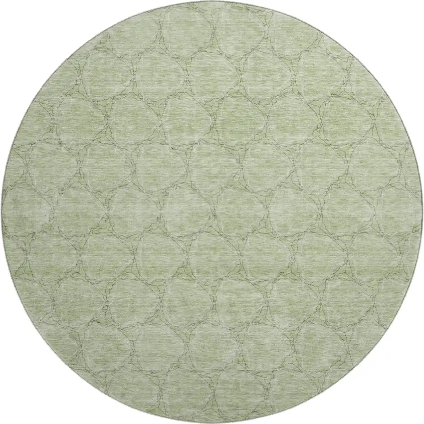 8' Artichoke Green And Ivory Geometric Washable Round Rug With UV Protection Photo 1