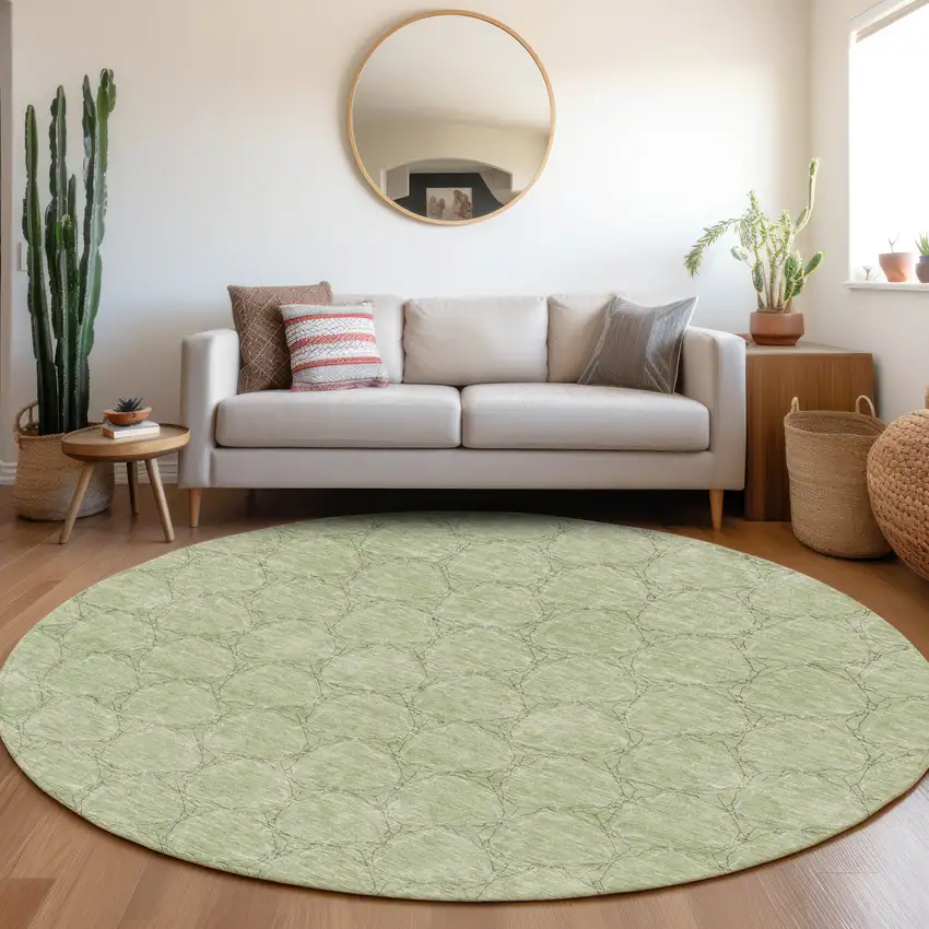 8' Artichoke Green And Ivory Geometric Washable Round Rug With UV Protection Photo 4