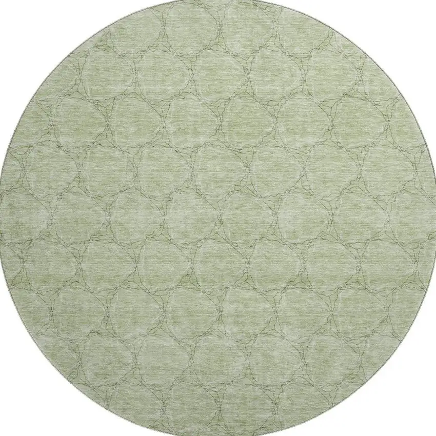 8' Artichoke Green And Ivory Geometric Washable Round Rug With UV Protection Photo 2