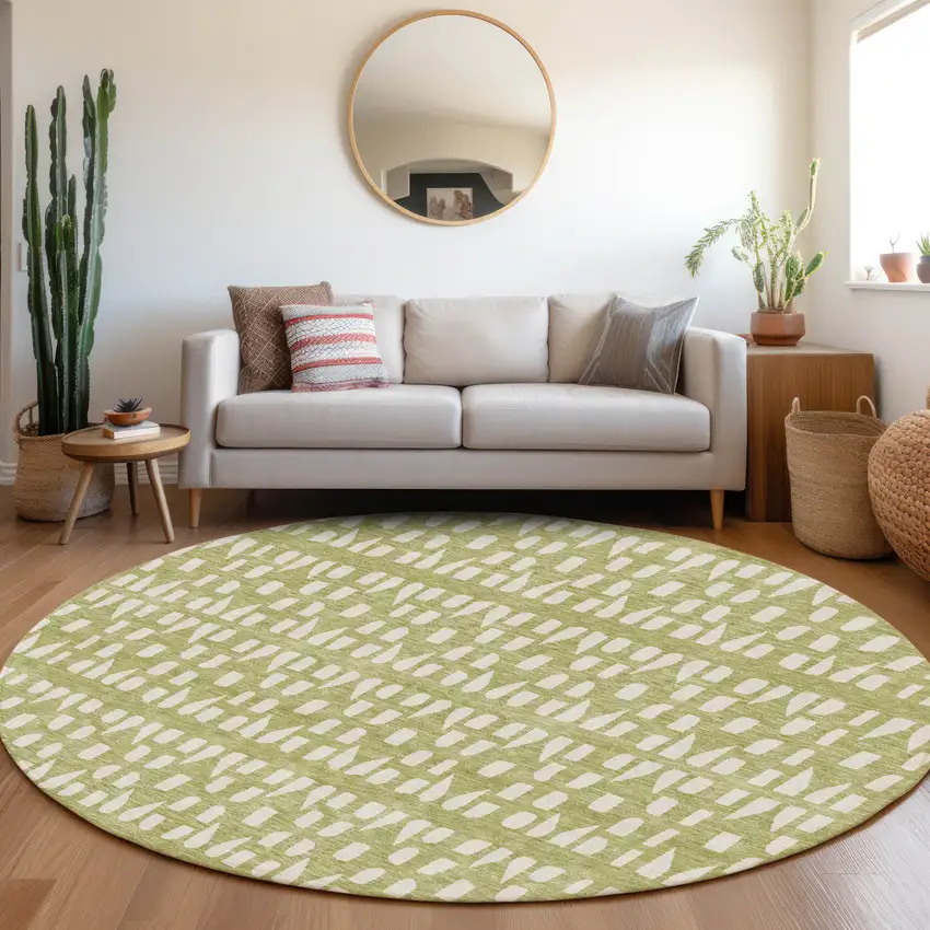 8' Artichoke Green And Ivory Geometric Washable Round Rug With UV Protection Photo 3