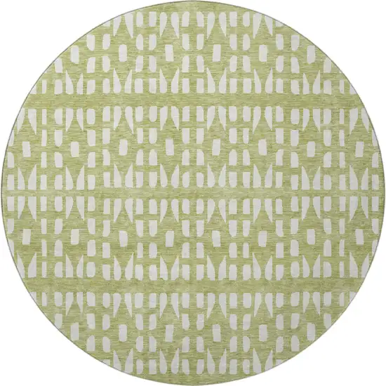 8' Artichoke Green And Ivory Geometric Washable Round Rug With UV Protection Photo 2