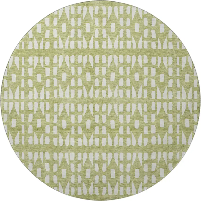 8' Artichoke Green And Ivory Geometric Washable Round Rug With UV Protection Photo 2