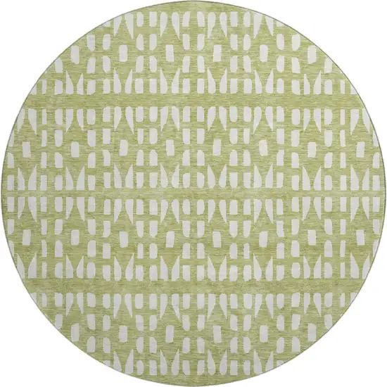 8' Artichoke Green And Ivory Geometric Washable Round Rug With UV Protection Photo 1