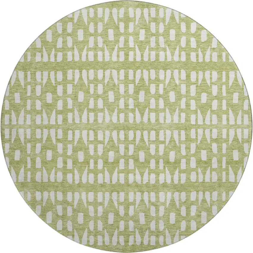 8' Artichoke Green And Ivory Geometric Washable Round Rug With UV Protection Photo 1