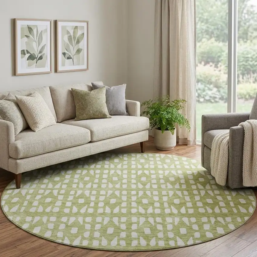 8' Artichoke Green And Ivory Geometric Washable Round Rug With UV Protection Photo 1