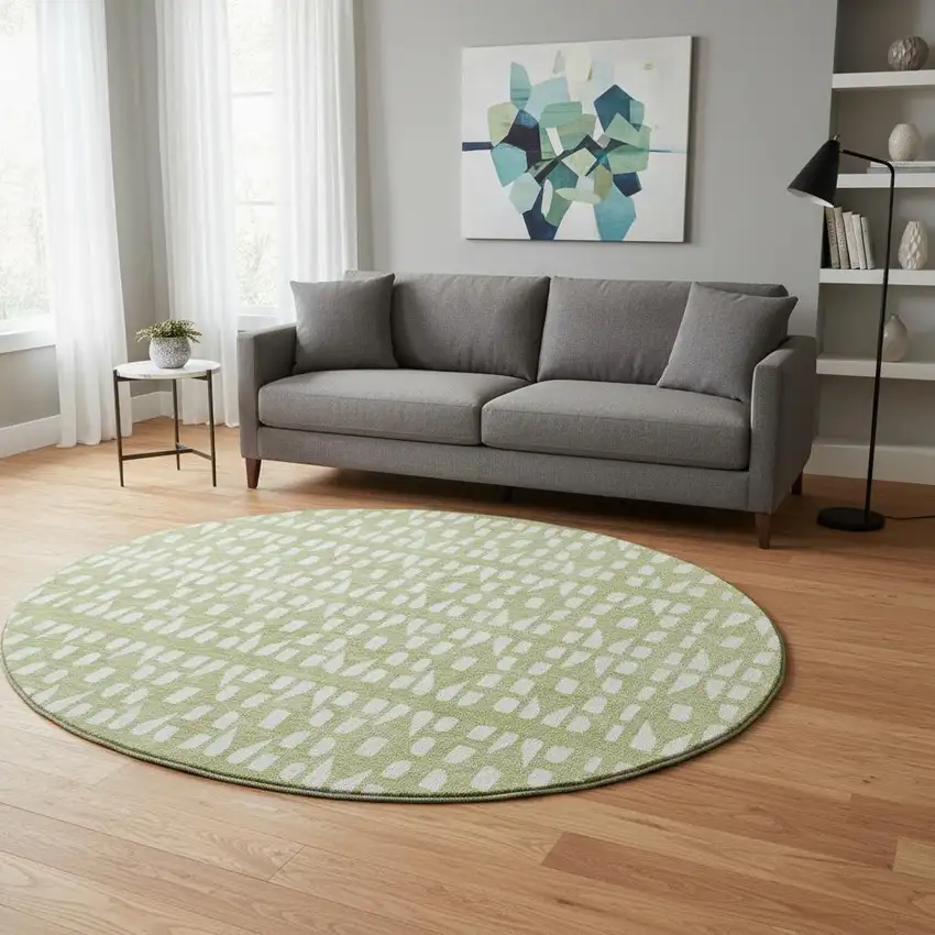 8' Artichoke Green And Ivory Geometric Washable Round Rug With UV Protection Photo 2