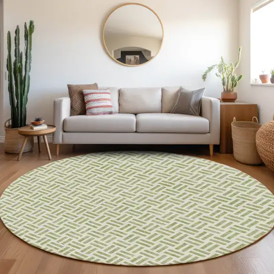 8' Artichoke Green And Ivory Geometric Washable Round Rug With UV Protection Photo 4